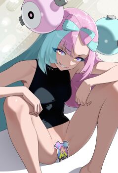1girl absurdres aqua_hair bottomless bow-shaped_hair censored character_hair_ornament commentary english_commentary grin hair_ornament highres iono_(pokemon) looking_at_viewer multicolored_hair nintendo novelty_censor otokakoto pink_hair pokemon pokemon_sv purple_eyes sharp_teeth sitting smile solo teeth thighs two-tone_hair