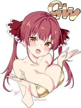 1girl artist_name bare_shoulders bikini blush breasts cleavage collarbone double_strap_slip fang hair_ribbon heterochromia highres hololive houshou_marine kamiya_maneki large_breasts long_hair looking_at_viewer open_mouth pulling_own_clothes red_eyes red_hair red_ribbon ribbon signature simple_background smile solo strap_pull strap_slip swimsuit twitter_username virtual_youtuber white_background yellow_bikini yellow_eyes