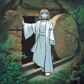 Rule 34 | 1girl, bad feet, barefoot, blonde hair, blue eyes, cave, commentary, cosplay, easter, english commentary, fine art parody, grass, hand rest, he lives (simon dewey), highres, hololive, hololive english, jesus, jesus (cosplay), looking up, medium hair, msgrime, outdoors, parody, plant, robe, smile, solo, standing, the bible, tree, triangle nose, virtual youtuber, watson amelia, white robe