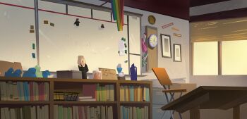 book book_stack bookshelf chair classroom clock commentary day desk english_commentary indoors jacki_li magnet no_humans original paper plant rainbow_flag scenery shelf sunlight table whiteboard window