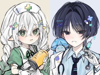 1boy 1girl alternate_costume alternate_hairstyle apron black_eyes black_hair black_necktie blue_shirt blunt_ends blush braid cat_hair_ornament cat_ornament choppy_bangs coat collar collared_dress colored_tips creature creature_on_shoulder cross-shaped_pupils crossed_bangs doctor dress earrings eyelashes frilled_sleeves frills fungi_(genshin_impact) genshin_impact gimmunyag gloves green_dress green_eyes green_hair green_sleeves hair_between_eyes hair_intakes hair_ornament hairclip hand_up hat highres holding holding_syringe jewelry lapels large_syringe long_hair looking_at_object looking_at_viewer low_twin_braids multicolored_hair nahida_(genshin_impact) necktie nurse nurse_cap on_shoulder open_clothes open_coat open_mouth oversized_object pill_hair_ornament pointy_ears puffy_sleeves purple_hair scaramouche_(genshin_impact) shirt short_sleeves sidelocks single_off_shoulder split_screen stethoscope stethoscope_around_neck streaked_hair symbol-shaped_pupils syringe twin_braids two-tone_background undershirt white_apron white_coat white_collar white_gloves white_hair white_mouth x_hair_ornament yellow_pupils