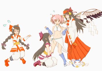 Rule 34 | 4girls, ainu clothes, akemi homura, bikini, black hair, braid, breasts, cosplay, feet, fingerless gloves, flying sweatdrops, gloves, hair ribbon, highres, japanese clothes, kaname madoka, kyubey, large breasts, legs, long hair, long skirt, mahou shoujo madoka magica, majikina mina, medium breasts, miko, multiple girls, murasaki nakoruru, nakoruru, navel, open mouth, pink eyes, pink hair, purple eyes, rashoujin mizuki, ribbon, samurai spirits, sarong, sitting, skirt, snk, swimsuit, thighs, tongue, twin braids, twintails, white bikini