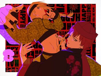 2boys asymmetrical_bangs black_nails blonde_hair blue_eyes border braid brown_eyes chinese_clothes deidara_(naruto) english_text eyeliner floral_print hair_over_one_eye happy_halloween hat headband highres holding long_hair looking_at_viewer makeup male_focus midriff miomu4 multiple_boys naruto_(series) naruto_shippuuden navel official_alternate_costume pants red_hair sasori_(naruto) short_hair single_braid smirk text_background watermark white_border