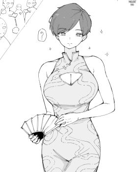 1girl ? absurdres artist_name bare_arms bare_shoulders breasts bright_pupils china_dress chinese_clothes cleavage cleavage_cutout closed_mouth clothing_cutout contrapposto cowboy_shot crowd curvy dress hand_fan highres large_breasts light_frown looking_at_viewer norman_maggot olive_laurentia original pixie_cut short_hair simple_background solo_focus spoken_question_mark straight-on swept_bangs
