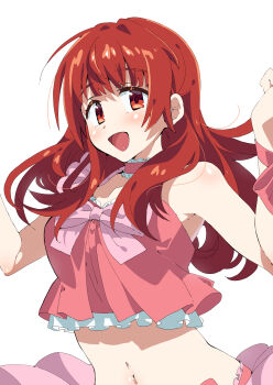 1girl :d absurdres bare_shoulders breasts cropped_shirt hands_up harune_aira highres idol_clothes long_hair looking_at_viewer navel open_mouth pink_ribbon pink_shirt pretty_rhythm pretty_rhythm_aurora_dream pretty_series red_eyes red_hair ribbon shirt simple_background sleeveless sleeveless_shirt smile solo tsujii_luki upper_body white_background