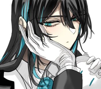 Rule 34 | 1girl, ado (utaite), black hair, blue eyes, blue hair, chando (ado), commentary, gloves, gunjyou (gunjyou 00), ha-chan (ado), hair between eyes, head rest, highres, long hair, mole, mole under eye, simple background, solo, symbol-only commentary, white background, white gloves