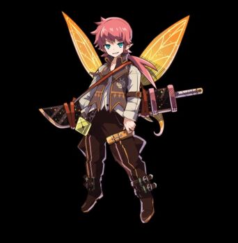 1boy aqua_eyes belt black_background boots brown_belt brown_boots brown_pants clenched_teeth collared_jacket full_body hand_on_own_hip holding holding_sword holding_weapon huge_weapon insect_wings jacket long_hair long_sleeves low_ponytail merc_storia merc_storia_art_team official_art palistos_(merc_storia) pants pointy_ears ponytail red_hair shirt simple_background sleeveless sleeveless_jacket smile solo standing sword tachi-e teeth weapon white_shirt wings
