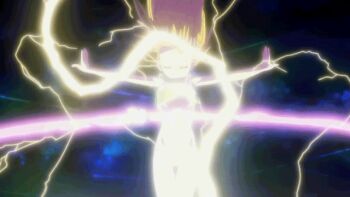 1girl animated animated_gif blonde_hair bra breasts dissolving_clothes energy feathers floating_hair glowing hair_down henshin lightning loli long_hair lyrical_nanoha mahou_shoujo_lyrical_nanoha_vivid navel official_art outstretched_arms panties small_breasts solo training_bra transformation trembling underwear vivio