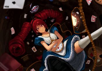 Rule 34 | 1girl, alice's adventures in wonderland, alice (alice in wonderland), alice (alice in wonderland) (cosplay), analog clock, arm tattoo, black hairband, black shoes, blue sleeves, card, clock, club (shape), commentary, cosplay, cup, diamond (shape), dress, drill hair, english commentary, falling, frilled dress, frills, hair between eyes, hairband, heart, highres, holding, holding clock, idkano, jack (playing card), kasane teto, kettle, king (playing card), long hair, looking at viewer, mirror, multicolored dress, number tattoo, paint palette, parted lips, playing card, puffy short sleeves, puffy sleeves, queen (playing card), red eyes, red hair, shoes, short sleeves, shoulder tattoo, solo, spade (shape), tattoo, thighhighs, twin drills, twintails, twitter username, utau, white thighhighs