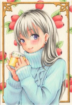Rule 34 | 1girl, absurdres, aran sweater, blue sweater, blush, cable knit, closed mouth, commentary request, cup, earrings, fruit background, grey hair, highres, holding, holding cup, jewelry, long hair, long sleeves, looking at viewer, marker (medium), midori (mira567), mug, original, purple eyes, smile, solo, straight hair, stud earrings, sweater, traditional media, turtleneck, turtleneck sweater, upper body, white background, wispy bangs