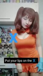 Rule 34 | 1girl, animated, bare shoulders, breasts, brown hair, cleavage cutout, clothing cutout, cosplay, diane (nanatsu no taizai), diane (nanatsu no taizai) (cosplay), english text, kiss, large breasts, long hair, nanatsu no taizai, nervous, photo (medium), real life, sleeveless, tagme, translated, twintails, video, yuno the loose