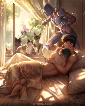 2boys artist_name barefoot black_hair cat colored_skin condom condom_wrapper crazy_diamond day diamond_wa_kudakenai higashikata_josuke highres hug index_finger_raised indoors jojo_no_kimyou_na_bouken kdash killer_queen kishibe_rohan looking_at_animal male_focus multiple_boys pillow pink_skin pompadour siamese_cat stand_(jojo) under_covers watermark window yaoi