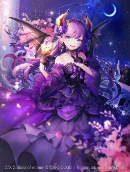 Rule 34 | 1girl, ahoge, balcony, bare shoulders, black gloves, black wings, blue eyes, brown horns, copyright notice, crescent moon, demon girl, demon horns, demon wings, dress, fang, flower, gloves, hair flower, hair ornament, highres, holding, horns, long hair, moon, natsuiro xx, night, off-shoulder dress, off shoulder, open mouth, outdoors, pink flower, pink petals, pointing, pointing up, pointy ears, purple dress, purple flower, purple hair, railing, sky, solo, sparkle, star (sky), ugly (z/x), wings, yellow petals, z/x