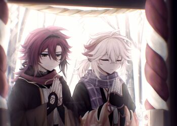 2boys bandaged_fingers bandages closed_eyes commentary fingerless_gloves genshin_impact gloves hair_between_eyes highres japanese_clothes kaedehara_kazuha mizuha2243 mole mole_under_eye multicolored_hair multiple_boys plaid_clothes plaid_scarf ponytail praying red_hair scarf shikanoin_heizou streaked_hair symbol-only_commentary white_hair winter