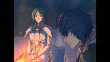 1boy 1girl armor blue_hair closed_mouth commentary_request cup elincia_ridell_crimea fire_emblem fire_emblem:_radiant_dawn holding holding_cup long_hair looking_at_another night nintendo outdoors parted_lips pelleas_(fire_emblem) pillarboxed short_hair snow snowing watakon_(owatakon47) watermark
