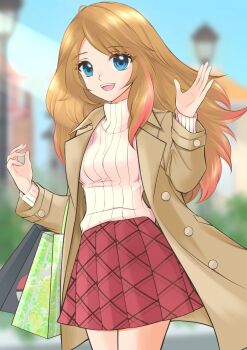 1girl :d bag blue_eyes blurry blurry_background brown_coat brown_hair coat collared_coat colored_tips commentary_request cowboy_shot elbow_carry green_bag highres long_hair looking_at_viewer maskmaya1 miniskirt multicolored_hair nintendo open_clothes open_coat open_mouth pink_hair pink_streaks pleated_skirt pokemon pokemon_xy red_skirt ribbed_sweater serena_(pokemon) shopping_bag skirt smile solo standing sweater teeth turtleneck turtleneck_sweater upper_teeth_only white_sweater