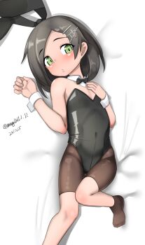 1girl absurdres animal_ears bike_shorts bike_shorts_under_leotard black_bow black_bowtie black_hair black_leotard black_socks bow bowtie detached_collar green_eyes hair_ornament hairclip highres kantai_collection kuroshio_(kancolle) leotard loli lying maru_(marg0613) one-hour_drawing_challenge playboy_bunny rabbit_ears rabbit_tail short_hair socks solo strapless strapless_leotard tail wrist_cuffs