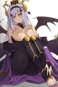 1girl absurdres bare_shoulders black_lilith_(last_origin) black_wings blush breasts cleavage commission cosplay demon_girl demon_horns demon_wings detached_sleeves digimon eyeshadow gradient_background highres horns large_breasts last_origin lilithmon lilithmon_(cosplay) long_hair makeup multiple_wings noonnoon531 purple_eyeshadow purple_hair purple_sleeves simple_background sitting smile solo white_background wings yellow_eyes yellow_horns