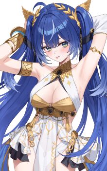 Rule 34 | 1girl, :p, absurdres, ahoge, ancient greek clothes, armlet, armpits, arms up, bare shoulders, black skirt, blue eyes, blue hair, blush, breasts, cleavage, commentary request, cowboy shot, gold bra, greco-roman clothes, highres, iuno (wuthering waves), jewelry, kurone (kurone ryuo), laurel crown, long hair, looking at viewer, medium breasts, miniskirt, multicolored hair, navel, presenting armpit, showgirl skirt, simple background, skirt, solo, streaked hair, thighs, tongue, tongue out, twintails, vambraces, very long hair, white background, wuthering waves