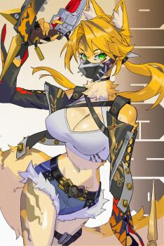 1girl animal_ear_fluff animal_ears arm_up bare_shoulders belt black_belt black_choker black_jacket black_mask blonde_hair blue_shorts body_fur breasts brown_fur cat_ears cat_girl cat_tail character_name choker cleavage cleavage_cutout clothing_cutout commentary covered_mouth cowboy_shot crop_top denim denim_shorts fingerless_gloves fur-trimmed_shorts fur_trim furry furry_female gloves green_eyes gun highres holding holding_gun holding_weapon jacket cross-laced_sleeves large_breasts long_hair looking_at_viewer mask mouth_mask multicolored_fur navel neck_fur ponytail pulchra_fellini rukomata_99 shirt short_shorts shorts solo spiked_jacket stomach tail weapon white_shirt yellow_fur zenless_zone_zero