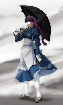 apron archived_source back_bow bad_link black_lagoon black_umbrella blue_dress blue_sleeves bow bow_apron braid breasts brown_shoes buttoned_cuffs buttons collared_dress combat_shotgun cross cross_necklace dress dual-mode_shotgun expressionless from_side full_body glasses glint gun handgun headdress holding holding_gun holding_umbrella holding_weapon jewelry juliet_sleeves latin_cross legs_apart loafers long_hair long_sleeves low-braided_long_hair low-tied_long_hair maid maid_apron maid_headdress medium_breasts medium_dress nagian necklace opaque_glasses pantyhose petticoat puffy_sleeves pump-action_shotgun pump_action purple_hair roberta_(black_lagoon) round_eyewear semi-automatic_shotgun shoes shotgun simple_background sleeve_cuffs smoke smoking_barrel spas-12 standing turtleneck turtleneck_dress twin_braids umbrella waist_apron weapon white_apron white_bow white_headdress white_pantyhose