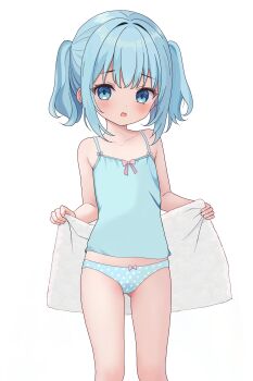 1girl aqua_eyes aqua_hair aqua_panties blush bow bow_panties female_focus holding holding_towel loli looking_at_viewer open_mouth original panties pink_bow polka_dot polka_dot_panties shirt solo standing totorin7124 towel twintails underwear white_background
