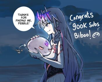 1girl aciayadi blush circlet colored_inner_hair commentary detached_collar dress english_commentary english_text forehead_jewel gem gradient_hair grey_hair hair_flaps hand_jewel headpiece highres holding holding_rock hololive hololive_english koseki_bijou koseki_bijou_(1st_costume) long_hair multicolored_hair nose_blush pebble_(koseki_bijou) pink_hair purple_eyes purple_gemstone purple_hair rock sidelocks smile speech_bubble strapless strapless_dress upper_body very_long_hair virtual_youtuber white_dress