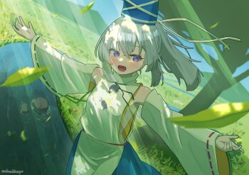 Rule 34 | 1girl, :d, absurdres, artist name, blue eyes, blue hat, blue skirt, blush, commentary request, cowboy shot, day, detached sleeves, dutch angle, falling leaves, fang, grey hair, hat, highres, japanese clothes, kariginu, leaf, long sleeves, looking at viewer, medium hair, mononobe no futo, mountainous horizon, nobreakfastpro, open mouth, outdoors, outstretched arms, ponytail, ribbon-trimmed sleeves, ribbon trim, river, skirt, smile, solo, spread arms, standing, sunlight, tate eboshi, touhou, water, white sleeves, wide sleeves
