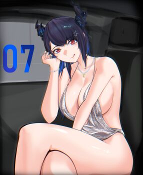 1girl :q absurdres alternate_hair_length alternate_hairstyle asymmetrical_horns azur_lane backless_dress backless_outfit bare_shoulders black_hair blue_hair breasts car_interior cleavage colored_inner_hair commentary cosplay cowl_neck crossed_legs demon_horns dress english_commentary evening_gown flower glitter_dress halterneck highres hololive hololive_english horn_flower horns jewelry large_breasts looking_at_viewer mole mole_under_eye multicolored_hair necklace nerissa_ravencroft official_alternate_costume p_protocoll plunging_neckline revealing_clothes short_hair sideless_dress silver_dress sitting slit_pupils solo st._louis_(azur_lane) st._louis_(azur_lane)_(cosplay) st._louis_(luxurious_wheels)_(azur_lane) tongue tongue_out uneven_horns virtual_youtuber