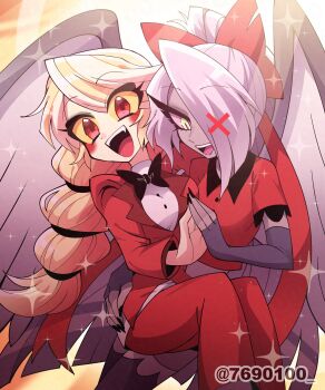 2girls :d absurdres black_nails blonde_hair blush_stickers bow charlie_morningstar colored_sclera colored_skin demon_girl feet_out_of_frame formal_clothes grey_hair grey_skin hair_bow hair_over_one_eye hazbin_hotel hellaverse highres jacket long_hair menattou multiple_girls nail_polish open_mouth pants red_eyes red_jacket red_pants red_shirt ribbon shirt smile suit vaggie very_long_hair white_hair yellow_eyes yuri