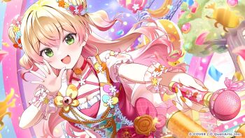 1girl :d blonde_hair bow breasts buttons cleavage commentary_request confetti copyright_notice double-breasted double-parted_bangs double_bun dress flower frilled_dress frills gold_trim gradient_hair green_eyes hair_bun hair_flower hair_ornament hand_up highres holding holding_microphone hololive hololive_dreams large_breasts long_hair microphone momoshiki_tsubaki momosuzu_nene multicolored_hair official_alternate_costume official_art open_mouth pink_bow pink_dress pink_hair pink_vest puffy_short_sleeves puffy_sleeves second-party_source short_sleeves side_up_bun smile solo two_side_up vest virtual_youtuber waist_bow waving wrist_cuffs