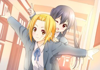 2girls black_hair blazer blonde_hair blue_ribbon closed_mouth collared_shirt dot_nose double-parted_bangs dutch_angle grabbing_another&#039;s_shoulder hair_between_eyes hairband hallway indoors jacket k-on! long_hair multiple_girls nakano_azusa neck_ribbon one_eye_closed open_mouth outstretched_arms pointing pointing_up red_eyes ribbon sakuragaoka_high_school_uniform sawanatsu_mikan school_uniform shirt short_hair smile tainaka_ritsu twintails white_shirt yellow_eyes yellow_hairband