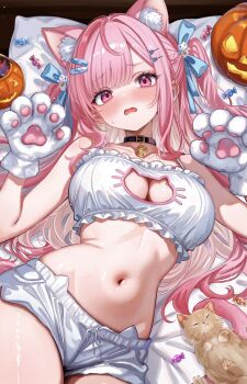 1girl animal_ear_fluff animal_ears animal_hands breasts cat_ears cat_girl cleavage gloves highres indie_virtual_youtuber large_breasts looking_at_viewer lying navel open_mouth paw_gloves paw_pose pink_eyes pink_hair sa-ya2 shorts solo stomach sweat white_gloves white_shorts yuuki_sakuna