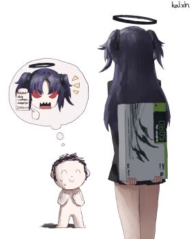 1boy 1girl ^_^ absurdres arms_behind_back artist_name black_skirt blue_archive c: closed_eyes doodle_sensei_(blue_archive) from_behind geforce_rtx_5080 graphics_card halo highres jacket kai_xin long_hair long_sleeves mechanical_halo nvidia purple_hair sensei_(blue_archive) simple_background skirt smile speech_bubble standing thighs thought_bubble two_side_up white_background yuuka_(blue_archive)