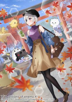 &gt;_&lt; 1girl autumn_leaves baby_animal bag bird black_hat blue_jacket blue_sky book breasts brown_bag brown_pantyhose brown_shoes brown_skirt camera chick copyright_notice creature cup dog drinking_straw earrings eyepatch frappuccino grey_hair hamster hat holding holding_book holding_camera holding_cup jacket jewelry leaf lisa_brunhild mole mole_under_eye multicolored_hair niwata0 official_art omamori open_clothes open_jacket orange_hair outdoors pantyhose photo_(object) purple_eyes purple_sweater shoes short_hair shoulder_bag shrine skirt sky sleeveless sleeveless_sweater sweater torii tree z/x