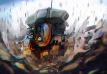 Rule 34 | absurdres, backpack, bag, commentary request, debris, falling, glowing, glowing eyes, green eyes, highres, humanoid robot, landing, mecha, no humans, one-eyed, robot, scorch (titanfall 2), takuyan, titan (titanfall), titanfall (series), titanfall 2