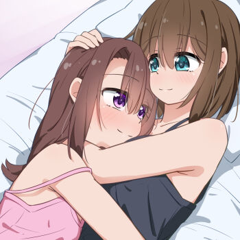 2girls black_camisole blue_eyes brown_hair camisole closed_mouth commentary_request cuddling extreme_hearts hand_on_another&#039;s_head hayama_hiyori highres hug kodaka_saki medium_hair miruzawa_akechi multiple_girls on_bed pillow pink_camisole purple_eyes smile yuri