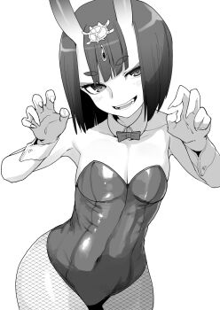 1girl animal_ears bare_shoulders bow bowtie breasts cleavage detached_collar eyeliner fake_animal_ears fate/grand_order fate_(series) fishnet_pantyhose fishnets greyscale headpiece highres horns leotard looking_at_viewer makeup monochrome oni open_mouth pantyhose playboy_bunny rabbit_ears sakula short_hair shuten_douji_(fate) skin-covered_horns small_breasts smile solo wrist_cuffs