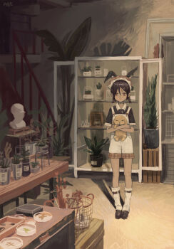 1girl absurdres animal_ears banana_tree basket black_shirt bottle brown_eyes brown_hair closed_mouth commentary_request expressionless full_body glass highres holding indoors kneehighs kouroul loafers looking_at_viewer original overalls pale_skin plant potted_plant rabbit_ears sailor_collar shadow shelf shirt shoes shop sidelighting sidelocks signature socks solo standing straight-on stuffed_animal stuffed_toy succulent_plant table twintails white_overalls