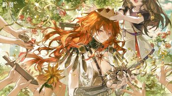 2girls ancient_greek_clothes armor augusta_(wuthering_waves) blue_sky breastplate breasts brown_hair closed_mouth day dress earrings flower greco-roman_clothes highres holding holding_flower incoming_gift jewelry logo medium_breasts multiple_girls official_art orange_hair people red_eyes sky smile solo_focus sun_earrings white_dress wuthering_waves