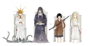 4boys barefoot black_hair blonde_hair company_connection crossover dark_souls_(series) dark_souls_i dark_souls_iii dark_sun_gwyndolin elden_ring fromsoftware headpiece highres holding holding_sword holding_weapon jdori kuro_the_divine_heir lothric_(younger_prince) miquella_(elden_ring) multiple_boys multiple_crossover robe sekiro:_shadows_die_twice sitting sword weapon white_hair white_robe