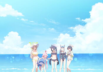 5girls ahoge artist_request ayane_(blue_archive) ayane_(swimsuit)_(blue_archive) bikini bikini_skirt black_hair black_one-piece_swimsuit blonde_hair blue_archive blue_bikini blue_halo breasts cleavage closed_eyes foreclosure_task_force_(blue_archive) frilled_bikini frills game_cg glasses goggles goggles_on_head green_halo green_jacket grey_hair grey_shorts halo hat highres hoshino_(blue_archive) hoshino_(swimsuit)_(blue_archive) huge_ahoge jacket large_breasts medium_breasts multiple_girls navel non-web_source nonomi_(blue_archive) nonomi_(swimsuit)_(blue_archive) ocean off-shoulder_bikini off_shoulder official_alternate_costume official_alternate_hairstyle official_art one-piece_swimsuit open_clothes open_jacket pink_hair pink_halo pointy_ears red-framed_eyewear red_eyes red_halo serika_(blue_archive) serika_(swimsuit)_(blue_archive) shiroko_(blue_archive) shiroko_(swimsuit)_(blue_archive) short_hair short_shorts shorts stomach striped_bikini striped_clothes swimsuit twintails white_bikini white_hat yellow_bikini