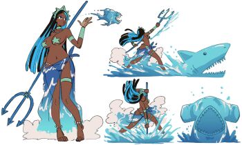 1girl :v barefoot black_hair blue_hair breasts dark-skinned_female dark_skin feet fish full_body greek_mythology highres hydrokinesis large_breasts long_hair pointy_breasts polearm poseidon_(wanderjegson) shark solo standing toes trident wanderjegson water water_clothes weapon