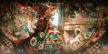 Rule 34 | 1girl, absurdres, balloon, bird, blunt bangs, brown eyes, brown hair, card, carousel, checkered clothes, closed mouth, commission, curtains, dove, dress, gears, hat, highres, indoors, layered dress, long sleeves, looking at viewer, original, playing card, short hair, smile, solo, star (symbol), sunlight, tassel, two-sided fabric, watermark, white bird, window, yan zi yao yu