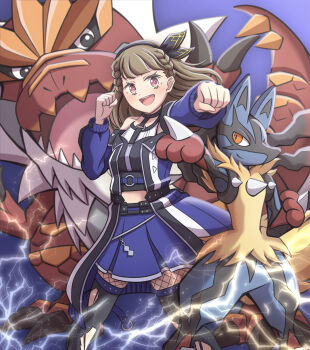 1girl 1other ampere_(love_live!) arm_up black_pantyhose black_shirt black_thighhighs blue_coat braid brown_hair center-flap_bangs coat commentary_request crossover dinosaur electricity feet_out_of_frame fishnet_pantyhose fishnets ganbarai gen_4_pokemon gen_6_pokemon highres kachimachi_kosuzu link!_like!_love_live! long_hair looking_at_viewer love_live! lucario mega_lucario mega_pokemon midriff nintendo off-shoulder_coat off_shoulder open_mouth orange_eyes outline outstretched_arm pantyhose pink_eyes pokemon pokemon_(creature) purple_background shirt side_braids sleeveless sleeveless_shirt thighhighs torn_clothes torn_thighhighs tyrantrum v-shaped_eyebrows white_outline