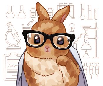 animal animal_focus clipboard commentary_request flask glasses highres honto_pic korean_commentary looking_at_viewer microscope no_humans original rabbit syringe test_tube test_tube_rack