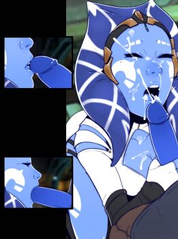 1boy 1girl alien blue_skin colored_skin cum cum_on_body dave_cheung facial fellatio hetero highres kelana_rin_(dave_cheung) multiple_views open_mouth oral star_wars togruta