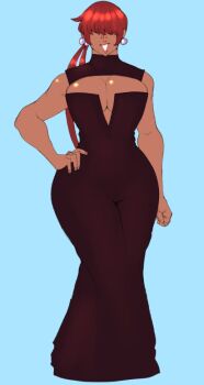 1girl 1shermieaday breast_press breasts breasts_squeezed_together cleavage cleavage_cutout clothing_cutout curvy dark-skinned_female dark_skin dress earrings huge_breasts jewelry large_breasts long_hair marellartt ponytail red_hair shermie_(kof) skirt smile standing tan the_king_of_fighters thick_thighs thighs tight_clothes tight_dress twintails wide_hips