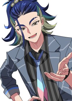 1boy adaman_(palentine's_2026)_(pokemon) adaman_(pokemon) akisame_kanon blazer blue_hair collared_shirt commentary_request earrings eyebrow_cut fingernails green_hair hand_on_own_hip hand_up highres jacket jewelry lapels long_hair looking_at_viewer lower_teeth_only male_focus multicolored_hair multicolored_necktie necktie nintendo notched_lapels official_alternate_costume open_clothes open_jacket open_mouth pokemon pokemon_masters_ex shirt simple_background solo streaked_hair teeth three-quarter_sleeves upper_body white_background wing_collar