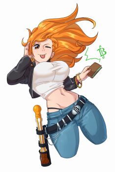 Rule 34 | 1girl, belt, breasts, clima-tact, closed mouth, curvy, denim, earrings, floating hair, hand in own hair, highres, holding, holding wallet, hoop earrings, jewelry, large breasts, long hair, looking at viewer, money, nami (one piece), navel, one piece, orange eyes, orange hair, pants, shirt, shoulder tattoo, smile, solo, tattoo, thong, tygollyne, upper body, wallet, white background, white shirt, wide hips